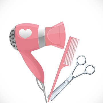 Pink hair dryer with concentrator, scissors and comb isolated on a white background