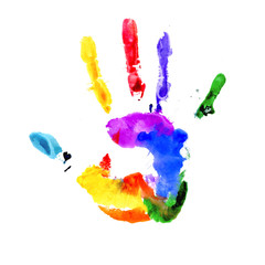 Handprint in vibrant colors of the rainbow - obrazy, fototapety, plakaty