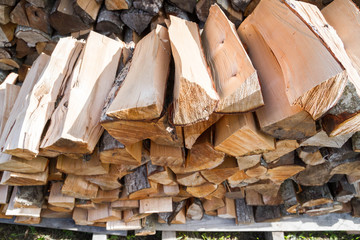 Dry logs stacked in a pile in the garden