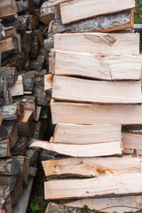 Dry logs stacked in a pile in the garden