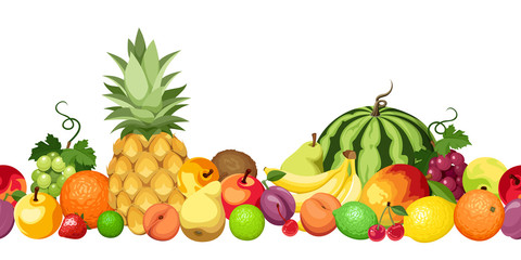 Horizontal seamless background with various fruits. Vector.