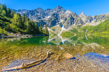 Reflection of mountain peaks in beautiful green water Morskie Oko lake, Tatra Mountains, Poland © pkazmierczak