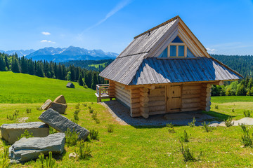 Typical mountain hut on green meadow in Tatra Mountains, Poland