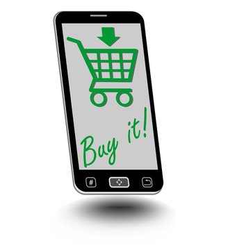 Smartphone with green shopping cart and inscription buy it on the display. Challenge to buy via internet