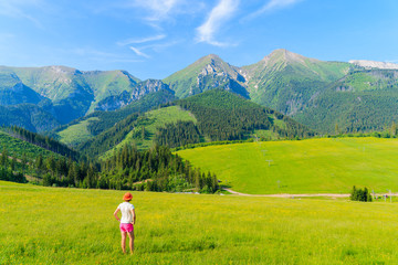 Fototapeta na wymiar Young woman tourist standing on green meadow with yellow flowers and looking at summer landscape of Tatra Mountains, Slovakia