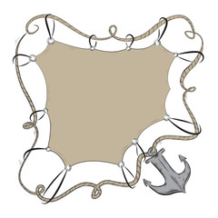 Nautical Card with anchor, rope and peace of sail. Place for text. Vector Illustration isolated on White background