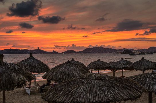 Sunset At Acapulco Beach In Mexico