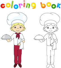 Cook or waiter in his uniform with closed dish. Coloring book. G