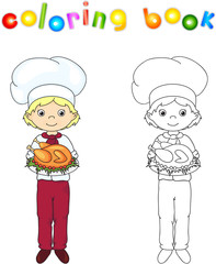 Cook or waiter in his uniform and toques with roasted chicken on