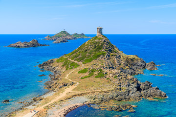 View of tower on Cape de la Parata, Corsica island, France