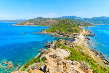 View of Corsica coast from tower on Cape de la Parata, Corsica island, France