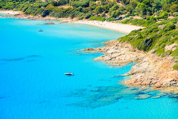 Fototapeta na wymiar Beautiful bay with azure sea water near Cargese town, Corsica island, France