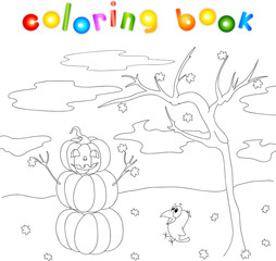 Pumpkin Snowman with a kind face standing under an autumn tree o