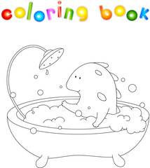 Cute smiling dragon taking bath with foam. Vector illustration f