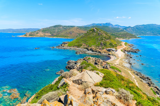 View Of Corsica Coast From Tower On Cape De La Parata, Corsica Island, France