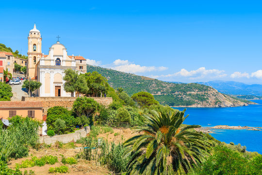 Typical church on coast of Corsica island in Cargese village, France