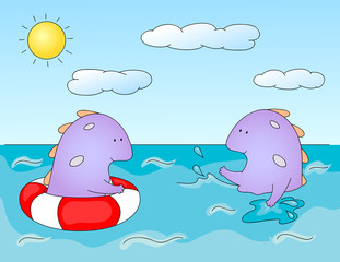 Lovely imaginary dragons splashing in the water. Оne monster sw