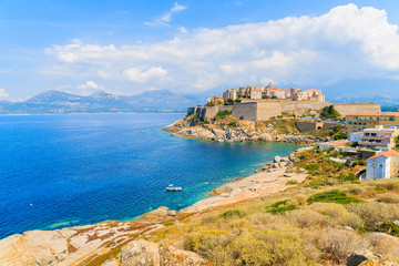Fototapeta na wymiar View of citadel with houses in Calvi bay, Corsica island, France.