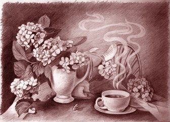 Pencil drawing of still life cup of hot coffee and flower