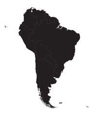 black map of South America with borders of all countries