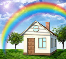 House on green field with rainbow and trees