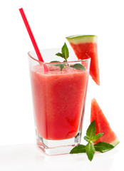  Glass with watermelon smoothie with drinking straw