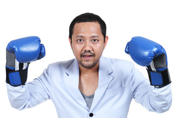 businessman with boxing glove ready to fight, isolated on white