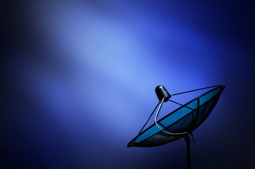 black antenna communication satellite dish on blue dark backgrou