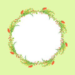 Watercolor wreath with red buds, berries and leaves