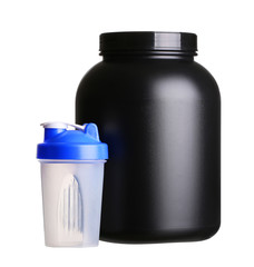 big tub of whey protein with shaker for bodybuilding isolated on