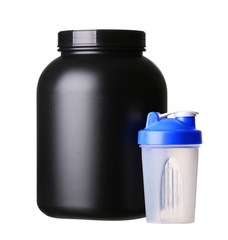 big tub of whey protein with shaker for bodybuilding isolated on