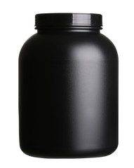 big tub of whey protein powder for bodybuilding isolated on whit