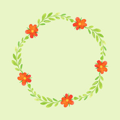Watercolor wreath of red flowers and leaves
