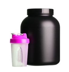 big tub of whey protein with pink shaker for girl bodybuilding i