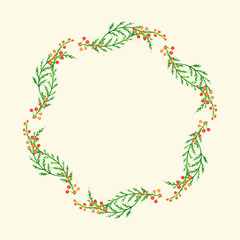 Watercolor wreath of red berries and with branches
