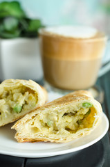 Puff pastry pie with curry chicken and hot coffee,breakfast