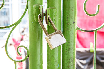 green master key locked on the green metal fence