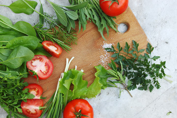 fresh vegetables on the board top view