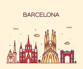 Barcelona City skyline Trendy vector line art - obrazy, fototapety, plakaty