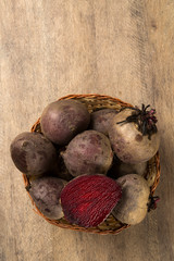 Some beets in a basket over a wooden surface