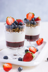 dessert with  berries,  cream cheese, granola  and berries  jam