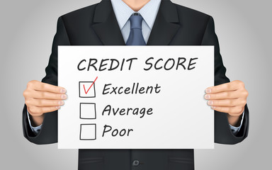 businessman holding credit score survey poster