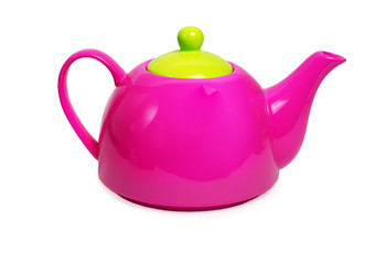 Teapot with green lid isolated on  white background