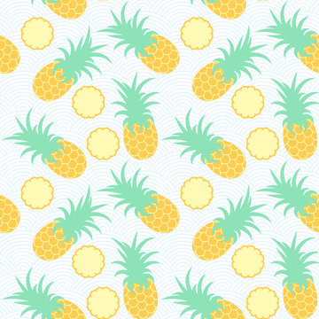 Pineapples. Seamless geometric pattern. Exotic fruits in water. Summer background. Sea waves. Vector illustration.