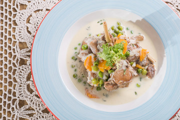 Rabbit stew dish. Delicious meat. Flat lay