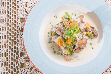 Rabbit stew dish. Delicious meat. Top view