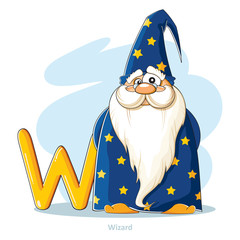 Cartoons Alphabet - Letter W with funny Wizard
