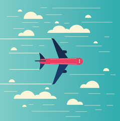 Airplane flying through clouds in the blue sky,Vector illustrati