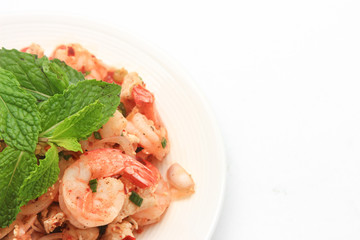 Thai spicy salad with shrimps cooked by clean food concept in lu