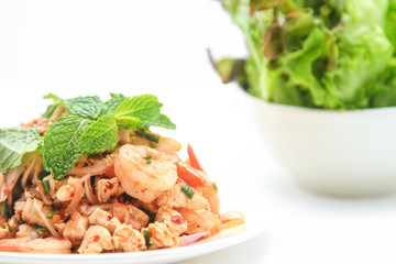 Thai spicy salad with shrimps cooked by clean food concept in lu